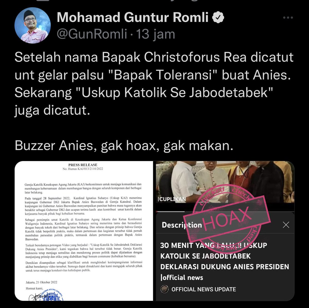 Naz_lira's tweet photo. Akhirnya terbukti juga kan..?

Akun di Channel YouTube ini ternyata dikelola oleh JARINGAN akun yg menebar fitnah “MENCATUT”

Kesimpulannya :
- Mereka yg bikin Akun di YouTube
- Mereka yg bikin postingan “Keuskupan Deklarasi Anies”
- Mereka juga yg sibuk fitnah Anies.
@Katolik_ku https://t.co/hL12uJ7L50
