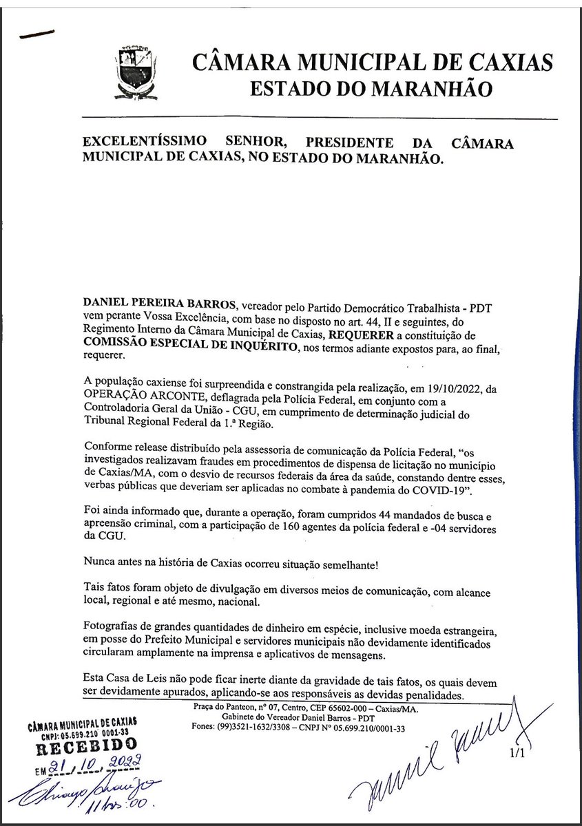 AdvDanielbarros's tweet photo. Protocolei na Câmara Municipal de
Caxias o pedido de abertura da
Comissão Especial de Inquérito - CPI para apurar os milhões roubados do
COVID-19 conforme operação
"Arconte" Polícia Federal e CGU. Esse sim é o real papel do vereador, fiscalizar o Poder Executivo. #FiscaldoPovo https://t.co/3s0IwOi4Ac