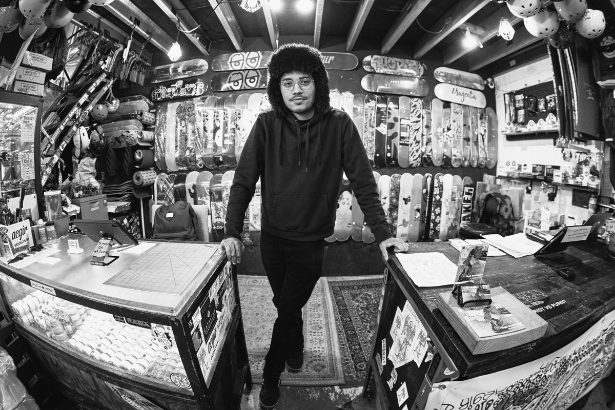 Hoping to photograph more skate shops for my project going forward. This one of Chris at Aegir is with the TTArtisan 11mm on my Lumix S5. Too much fun.