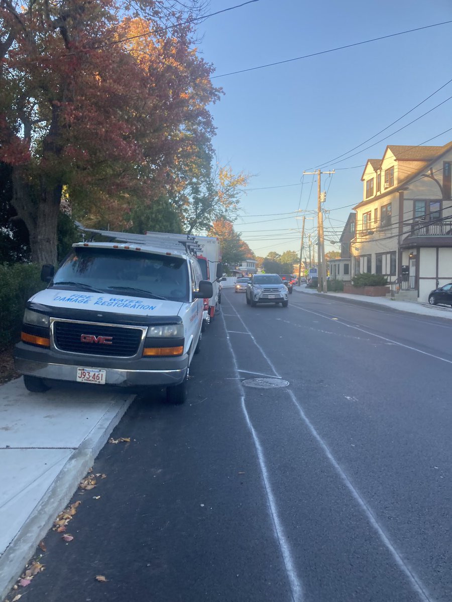 DedhamByFoot's tweet photo. Update: bad design. Brutal drivers. No enforcement. == blocked sidewalk and blocked whatever stage this bike lane is in. #BridgeSt #DedhamMA. https://t.co/OFAfZOAOJy