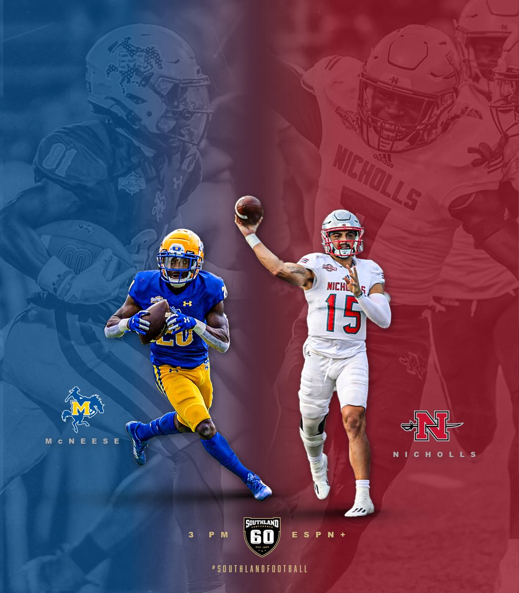𝗚𝗢𝗜𝗡' 𝗗𝗢𝗪𝗡 𝗜𝗡 𝗧𝗛𝗘 𝗕𝗔𝗬𝗢𝗨

<a href="/Nicholls_FB/">Nicholls Football 🏈</a> welcomes in <a href="/McNeeseFootball/">McNeese Football</a> in Southland play.

📺 <a href="/ESPNPlus/">ESPN+</a> | sland.social/9bf
🕐 3 PM

#SouthlandFootball