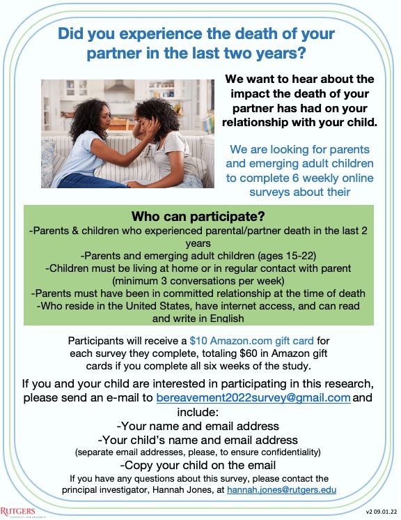 Jorlanditha's tweet image. Dissertation study by Ph.D. Candidate @HElizabeth44  seeking parent/child dyads to explore the impact of the death of a parent on the relationship between the surviving parent and emerging adult children. Please share! #AcademicTwitter  #AcademicChatter