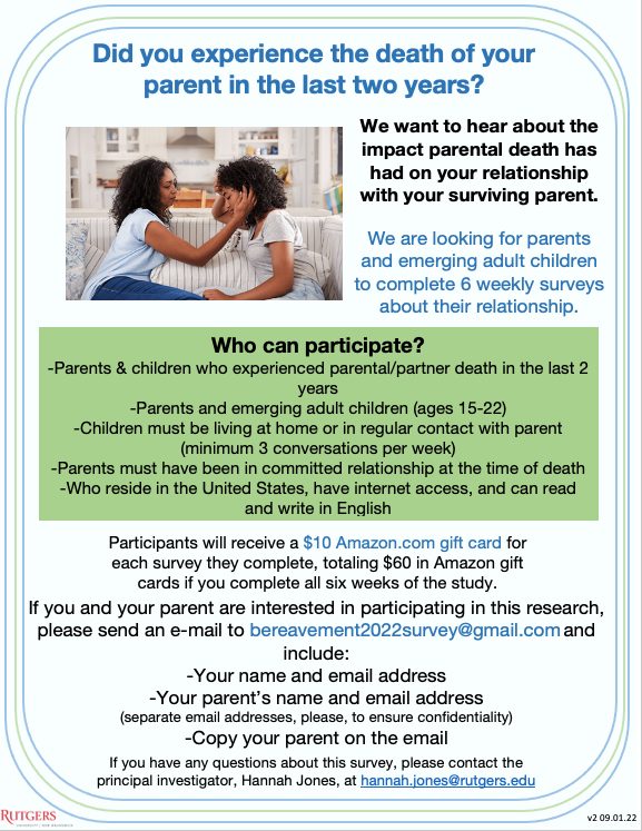 Jorlanditha's tweet image. Dissertation study by Ph.D. Candidate @HElizabeth44  seeking parent/child dyads to explore the impact of the death of a parent on the relationship between the surviving parent and emerging adult children. Please share! #AcademicTwitter  #AcademicChatter