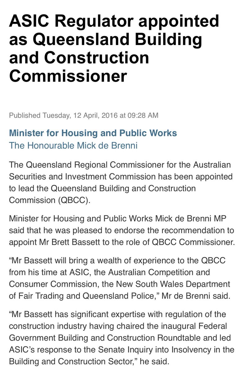 QbccSecrets's tweet photo. Hi @QBCCBuildBetter & @MickdeBrenni 👋 Brett Bassett was ASIC Regional Commissioner and QBCC Commissioner for years. Apparently he brought regulatory “expertise” to the QBCC. Big part of his CV. Why does he pretend it never happened? Why does #QLeave? #thevibe #qldpol https://t.co/Ntz6Rhwh4J