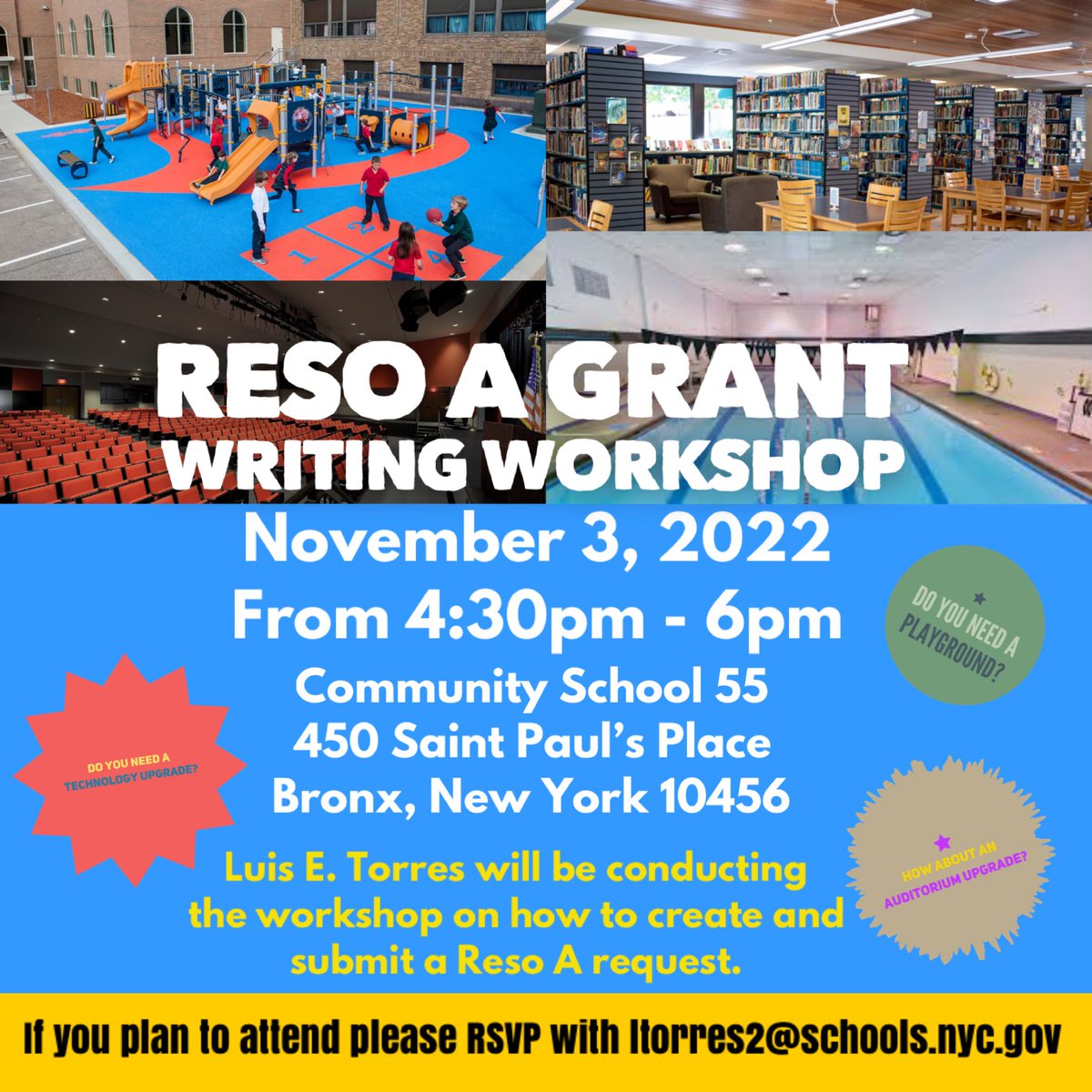 Please share with any #bronx schools that can use this. All school leaders can benefit from this information. Learn how to apply and submit your application for RESO A funding. Do you need a technology upgrade, library, cafeteria or funding for other projects in your school?