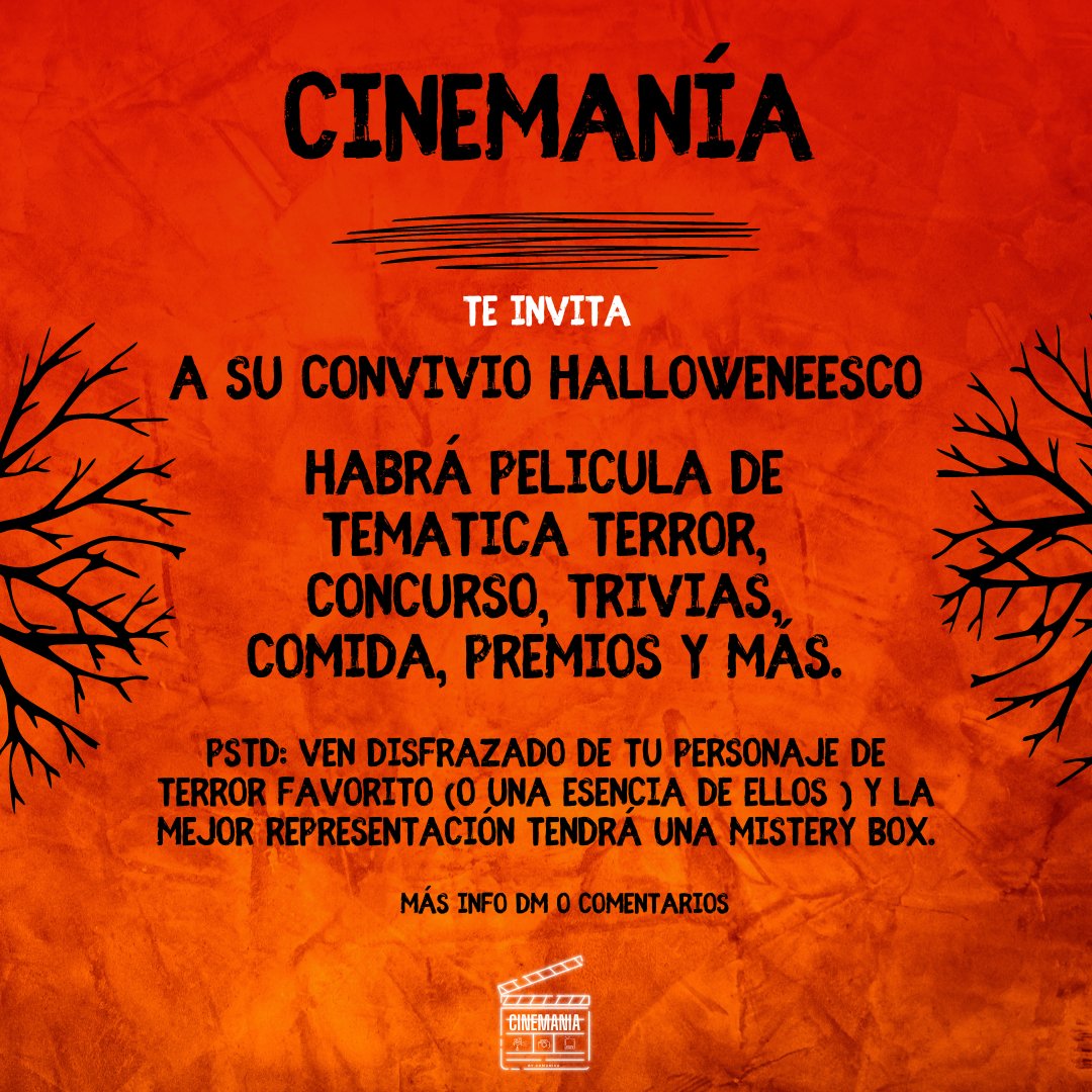 comunicasv_'s tweet photo. ¡CINEMAWEEN HA LLEGADO PARA ASUSTAR A TUS MIEDOS!😱😱👻👻 Este viernes 28 de Oct te esperamos en cinemanía, tendremos un convivio de terror. Habrá una película especial que en pocas horas revelaremos. Además de premios, trivias y comida. https://t.co/pgKpRLHwfm