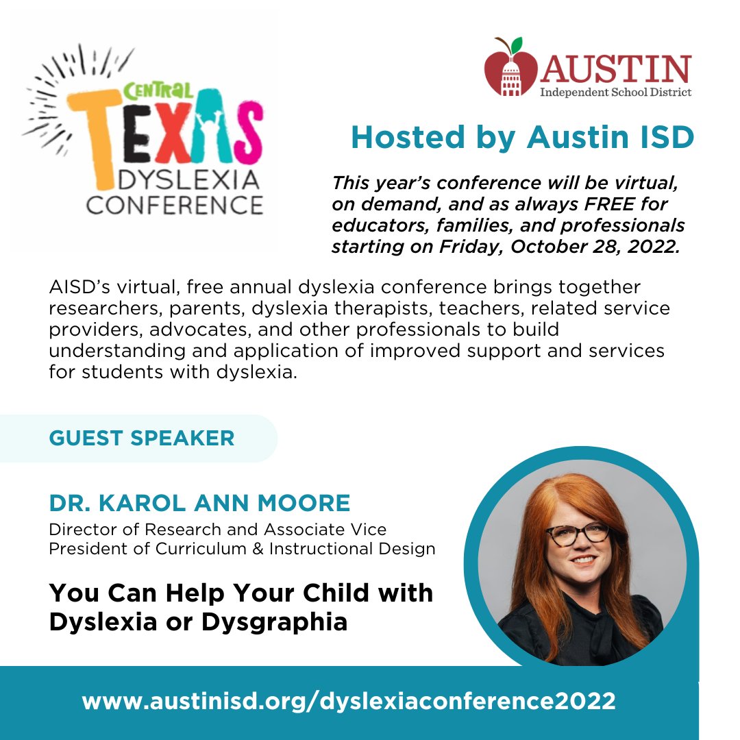 We're excited to have <a href="/thekarolmoore/">Karol Ann Moore, PhD, LDT, CALT</a> presenting at <a href="/AustinISD/">Austin ISD</a>'s Central Texas Dyslexia Conference to build understanding and application of improved support and services for students with #dyslexia. 
Learn More: bit.ly/3RVldsW

#Neuhaus #leadership #LiteracyForAll