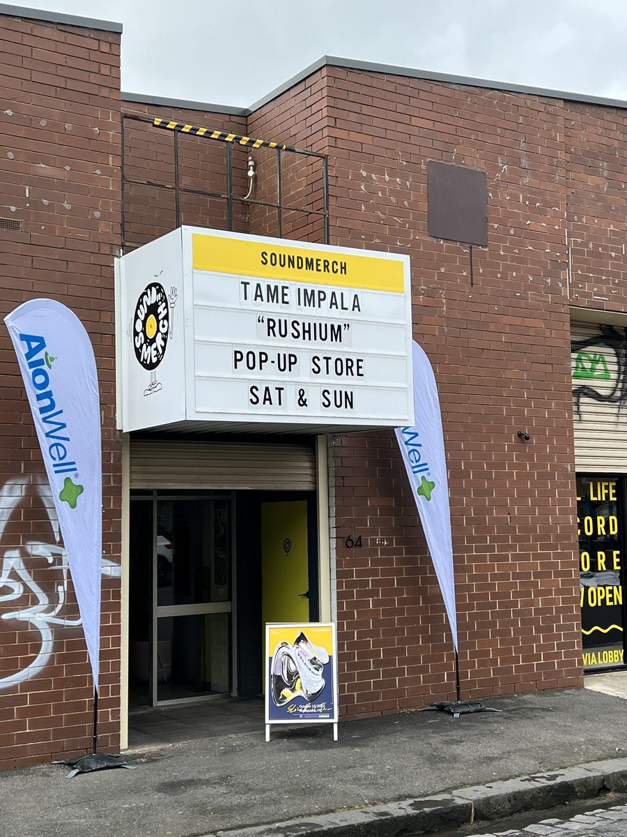 Leonsjogren's tweet photo. Sound Merch in #Collingwood has a pop up @TameImpala store 🙌

Also handing out “Rushium” tablets to those attending tonight and tomorrow.

#TameImpala #Rushium #Melbourne https://t.co/sxdHXxXVvI