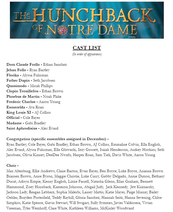 CAST ANNOUNCEMENT!

After a long week of auditions with the largest turnout of students we’ve had, we are excited to announce the cast for Hunchback of Notre Dame! So excited to have the 1st musical back in our auditorium be with our largest high school cast yet! Congrats to all!
