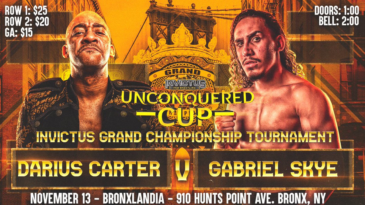 🚨MATCH ANNOUNCEMENT🚨 One of the 1st round matches in the Unconquered Cup will be Darius Carter taking on Gabriel Skye. Both competitors had incredible performances at MAGNI2DE, but only one can move closer to becoming the first Invictus Grand Champion. 🎟️eventbrite.com/e/429259706337