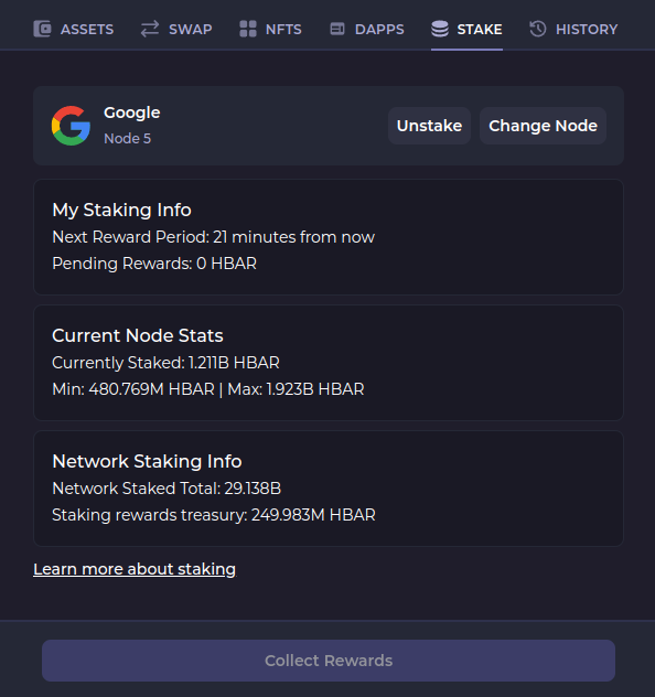 hashpack's tweet photo. (1/2) HashPack v4.4.0 - Staking Rewards - has been released!

We've updated the staking tab with some more information, as well as added a 'Collect Rewards' button. Transactions involving staking rewards will also show a label now. https://t.co/l0XXWoGL5U