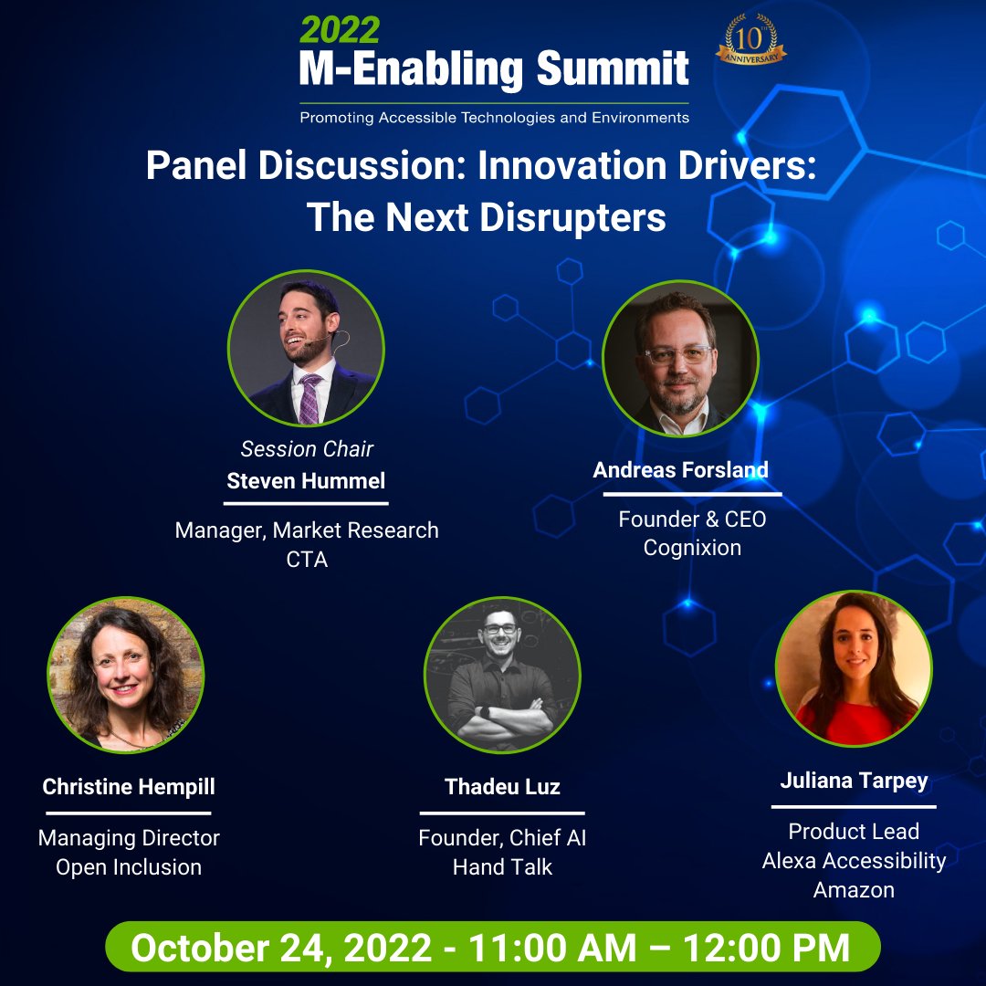 Cognixion (@cognixion_ai) on Twitter photo The Next Disrupters...
Steven Hummel, Session Chair, <a href="/CTATech/">Consumer Tech Association</a>
<a href="/andreas_forslan/">Andreas Forsland</a>, <a href="/Cognixion_AI/">Cognixion</a>
Christine Hemphill, Open Inclusion
Thadeu Luz, <a href="/Handtalk_EN/">Hand Talk EN</a>
Juliana Tarpey Hadad, @Amazon Alexa Accessibility
#innovation #metaverse #accessibility #cognixion The Next Disrupters...
Steven Hummel, Session Chair, <a href="/CTATech/">Consumer Tech Association</a>
<a href="/andreas_forslan/">Andreas Forsland</a>, <a href="/Cognixion_AI/">Cognixion</a>
Christine Hemphill, Open Inclusion
Thadeu Luz, <a href="/Handtalk_EN/">Hand Talk EN</a>
Juliana Tarpey Hadad, @Amazon Alexa Accessibility
#innovation #metaverse #accessibility #cognixion