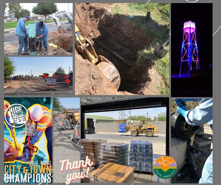 CityofEloy's tweet photo. Today we recognize our PW Dept! If you woke up this morning & had running water, drove to work on a paved street, scheduled a bulk trash pick up, & enjoyed the variety of colors displayed on our water tower, you have your local PW personnel to thank. @AzCities #AZCityWeek #EloyAZ https://t.co/kagp7ejokW