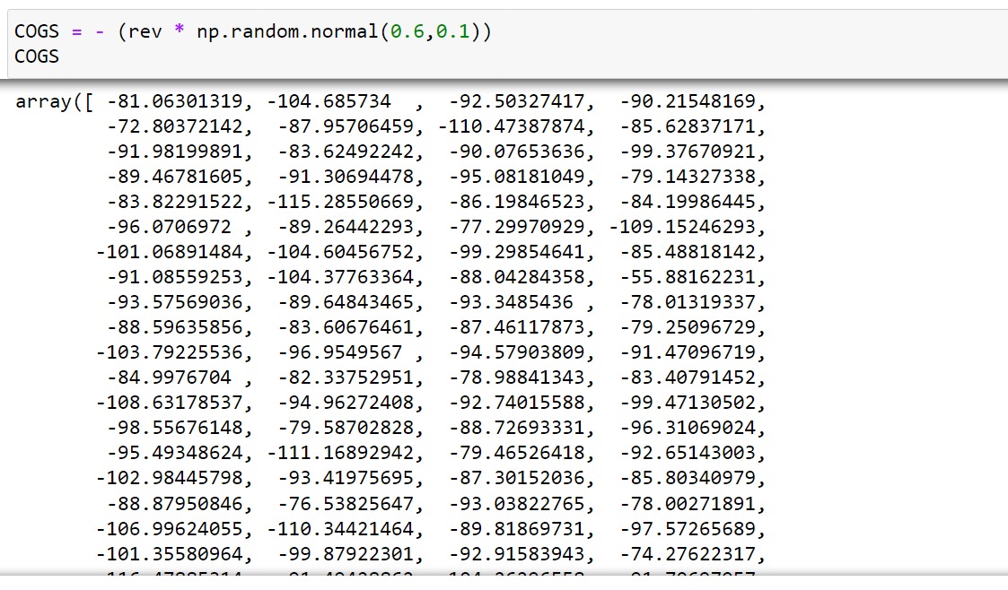 EmperorJnr1's tweet photo. Day 15 of coding.
I learnt Predicting Cost of Goods Sold Using Monte Carlo Simulation (1000 iterations to simulate 1000 possible outcomes).
#100daysofcoding #100DaysOfcode #Python #financialengineer #JPMorgan https://t.co/KEjPhtEa99