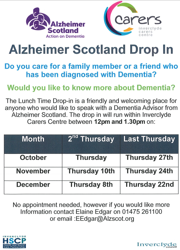 .@alzscot are running lunch time drop-in sessions to support Carers of loved ones with dementia. Speak with a Dementia Advisor in a supportive setting. Come to the Carers Centre on the second and last Thursday of Oct, Nov or Dec, between 12pm-1.30pm (see graphic for details).