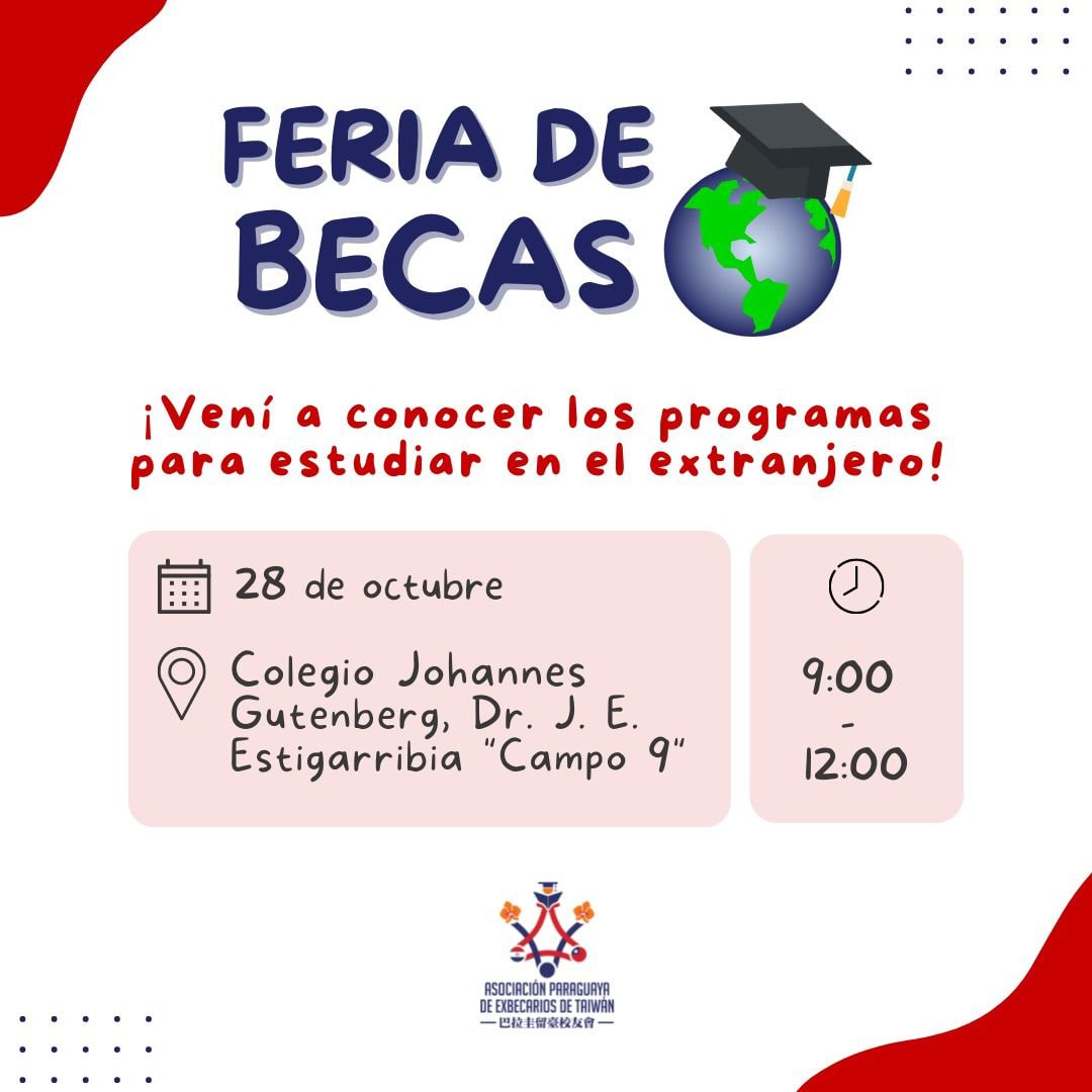 Aso_Taiwan's tweet photo. 📢 Atención #CAMPO9 ‼️
Te invitamos a la Feria de Becas para conocer los programas de grado, postgrado e idiomas para estudiar en el extranjero.🌏🎓🤩
🗓️ Viernes 28 de octubre
🕘 9:00 a 12:00
📍 Colegio Johannes Gutenberg de Dr. J. E. Estigarribia Campo 9
No te la pierdas.🤗 https://t.co/Gdq89pgUAs
