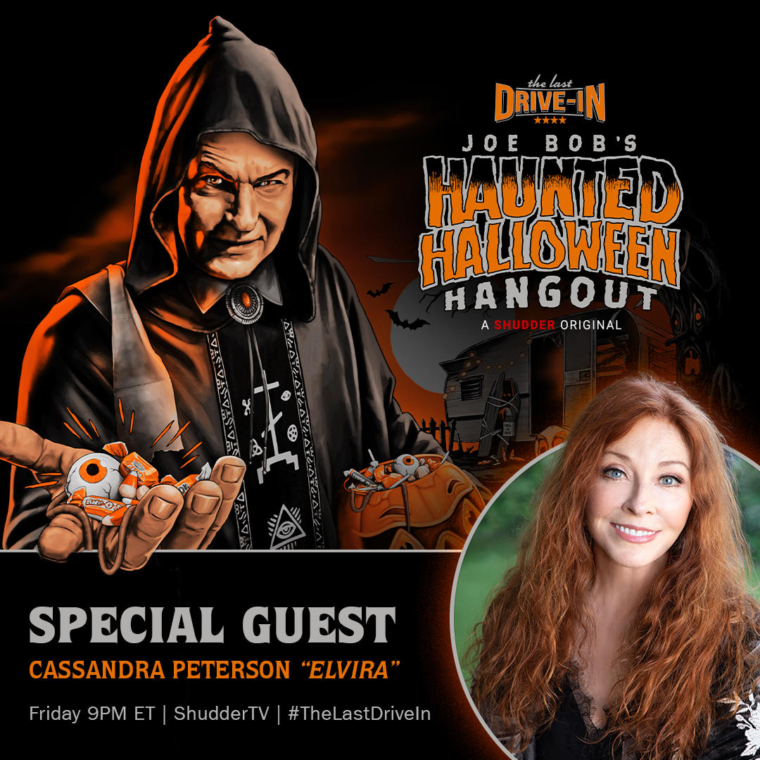 Shudder's tweet photo. 🚨 ONE HOUR until @therealjoebob's #HauntedHalloweenHangout w/ special guest @TheRealElvira 🚨

#TheLastDriveIn https://t.co/JMF7kB73fv