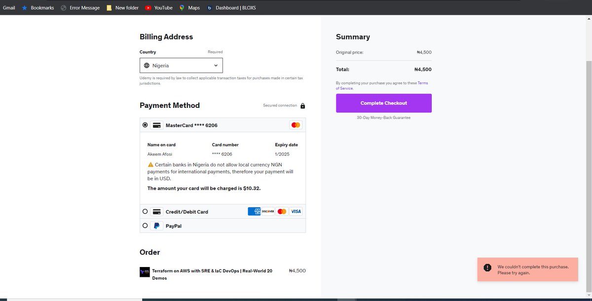 afosiseyi's tweet photo. @udemy  I get his error when i want to purchase course on your site. could you please check and revert ASAP. https://t.co/kKsI0qzAwa