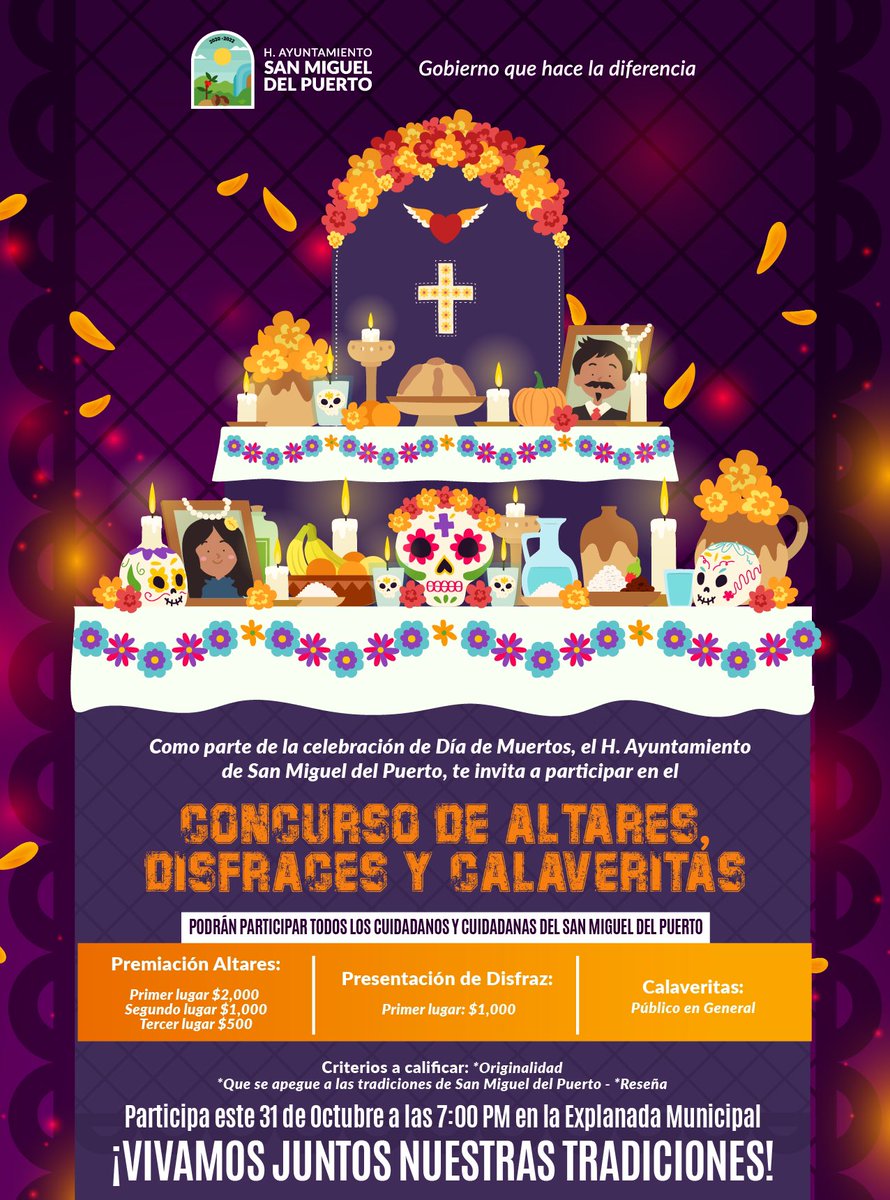 DonChepe_'s tweet photo. 🏵 🎭 🕯 💀 Celebra con nosotros el #DíaDeMuertos y participa en las actividades que el H. Ayuntamiento de San Miguel del Puerto tiene organizado para ti. 👇

¡Vivamos juntos nuestras tradiciones! 

#GobiernoQueHaceLaDiferencia https://t.co/fHYEhxD06r