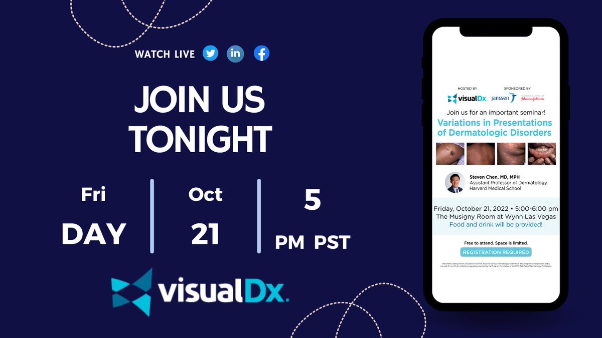 VisualDx's tweet photo. Join us LIVE at #Fallclinical22 with @DrStevenTChen in 15 minutes. You can view here on Twitter, Facebook and LinkedIn! #dermtwitter #visualdx #janssen https://t.co/jU0hIhVyw7