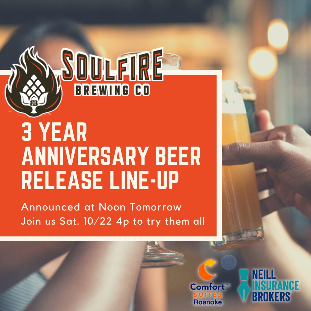🍻 Tune in tomorrow at noon for the Beer Line Up for tomorrow's 3 Year Anniversary, All releasing at 4p 10/22 #beerrelease #newbeer #brewerylife #roanoketx
