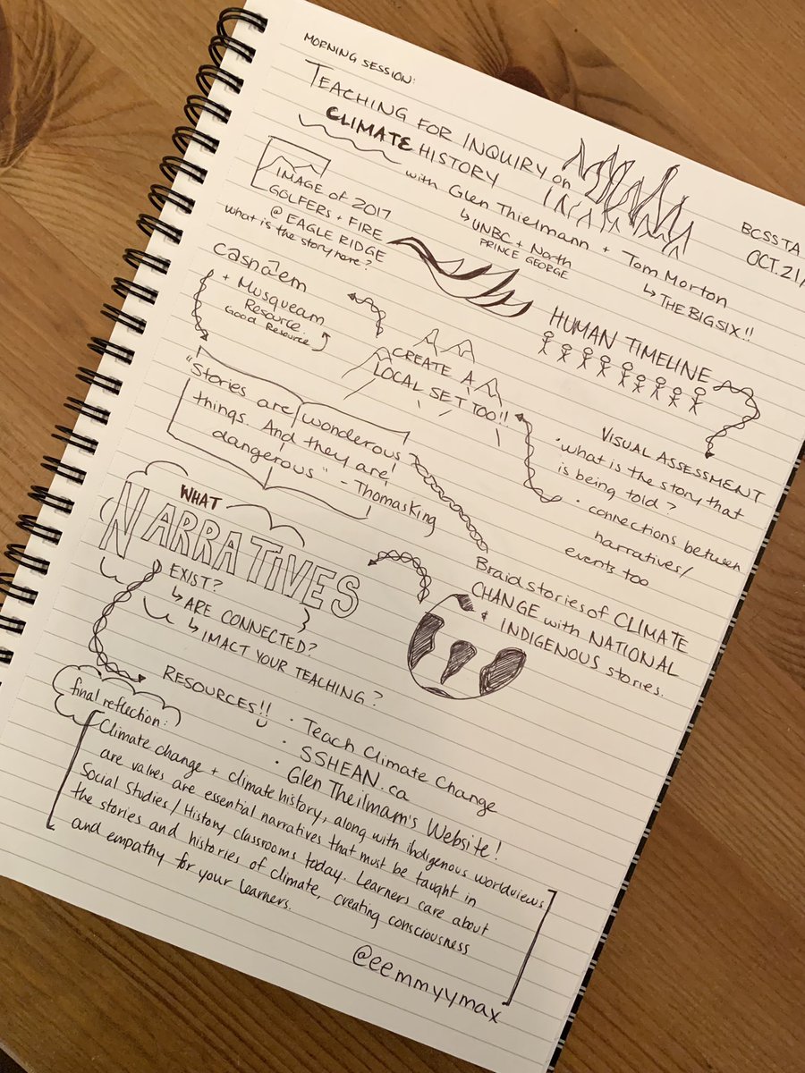 So thankful for the workshop today with <a href="/gthielmann/">Glen Thielmann</a> and Tom Morton connecting the #narratives for me (brief sketch notes - too busy participating!) #ClimateAction #History <a href="/bcssta/">BCSSTA</a>