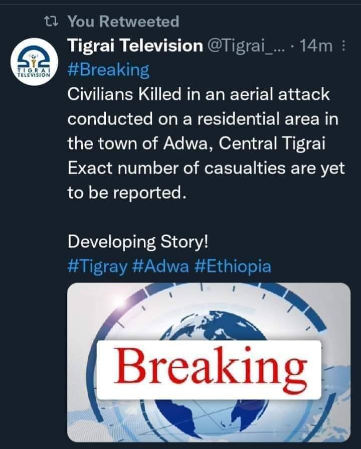 Mihrettigray's tweet photo. ⚠️BreakingNews !The fascist 🇪🇹 &amp; 🇪🇷  regimes are conducted airstrikes targeted civilians in central tigray at the city of adawa croweded residential areas today.#AdwaUnderAttack #TigrayGenocide @amnesty @BBC @Reuters @CNN @POTUS @antonioguterres @JosepBorrellF #UNSC @UN_HRC @hrw https://t.co/FCs8jh6cFH