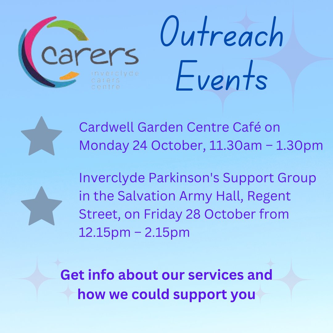 We’re out in the community this week: 🔹 @CardwellGC Café TODAY, 11.30am – 1.30pm 🔹 Parkinson's Support Group in the Salvation Army Hall, Regent Street, this Friday (28 October) from 12.15pm – 2.15pm Find out about our services and support for Carers! 🧡