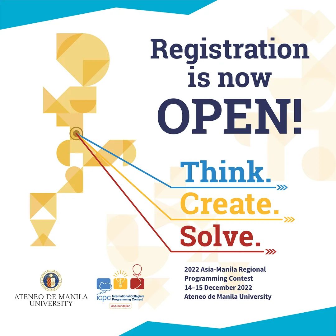 ICPCAsiaManila's tweet photo. TEAM REGISTRATION IS NOW OPEN!

Register your team on the ICPC Registration System.
https://t.co/n2Hgo5UvgO

For more registration information, visit https://t.co/drS94cmkgq

#ICPCManila2022 @ICPCNews https://t.co/BElTq0zB07