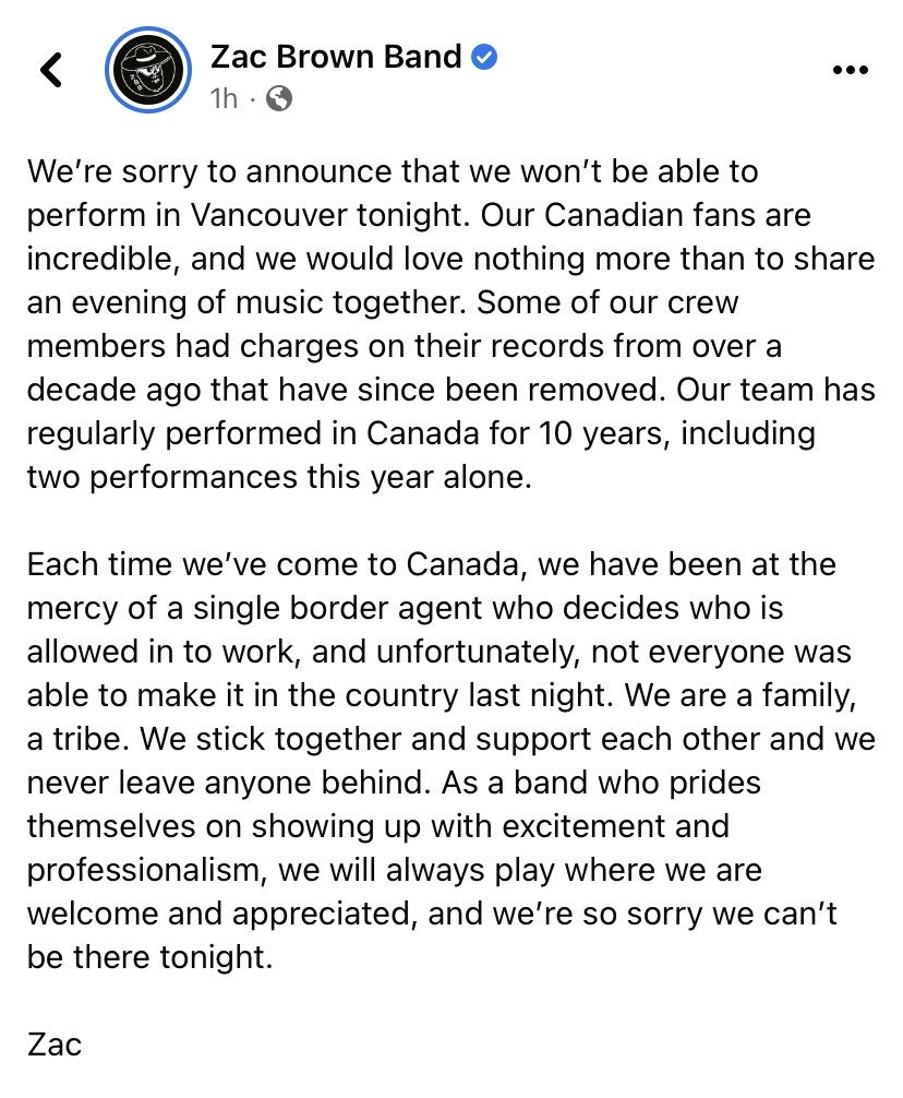 SunnyCynthia's tweet photo. Zac Brown Band cancelling Vancouver concert after crew with expunged criminal records got denied by Canadian border agent. https://t.co/hGWUxpMPDP