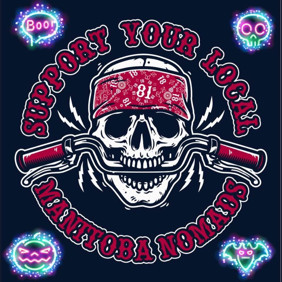 NomadsManitoba's tweet photo. Donβt forget to show your support this Halloween and pick up some gear at your local Big Red Machine #81 #SYL81 #Nomads #HellsAngels https://t.co/JPo3dNE6w3 https://t.co/3bomlH44wK