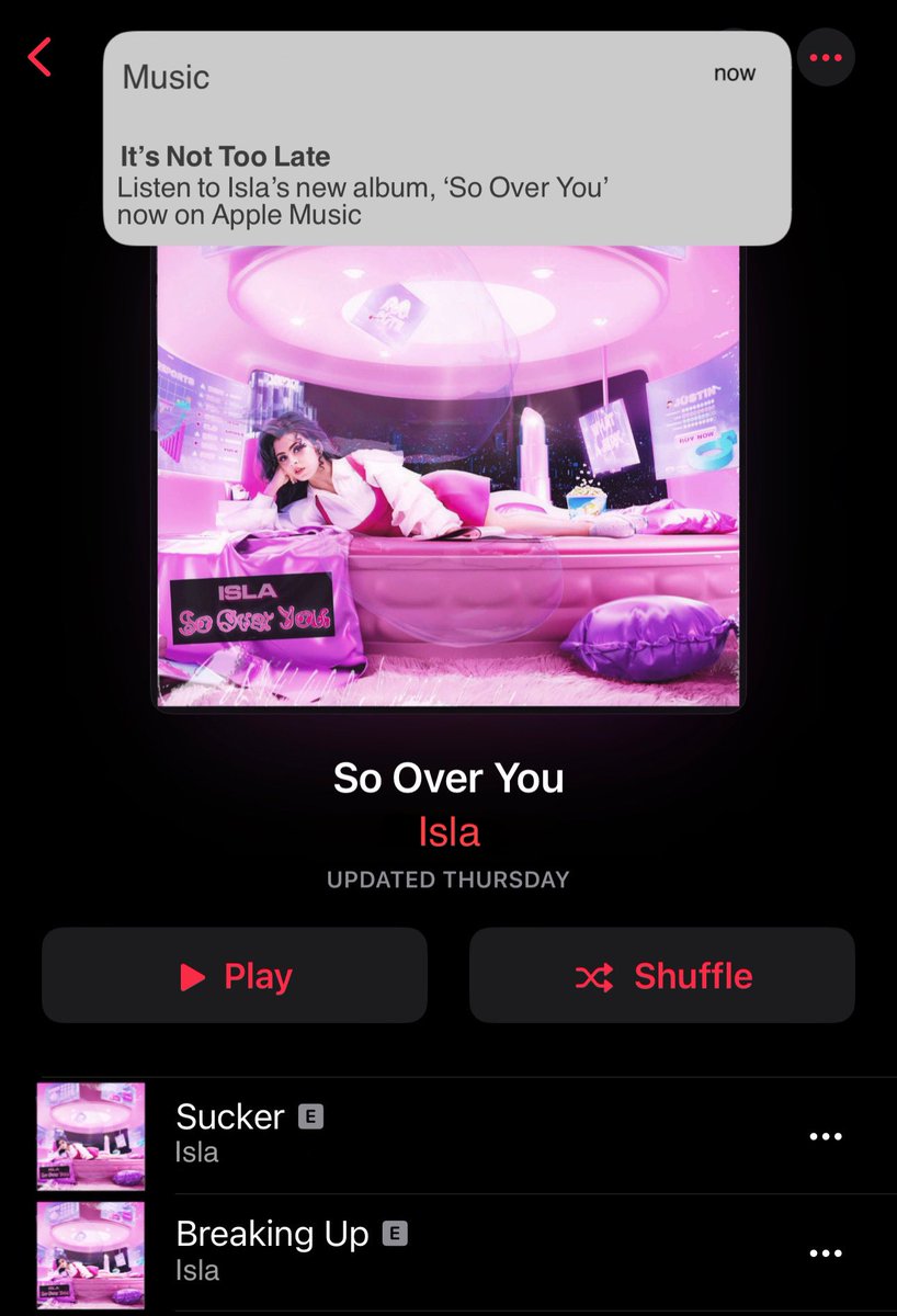 jasleenegon's tweet photo. Apple Music users, have you got your notification yet? All subscribed users are getting daily reminders to stream my new album, #SoOverYou now! 🍭❤️🔥 https://t.co/sdSnVJ6aAT