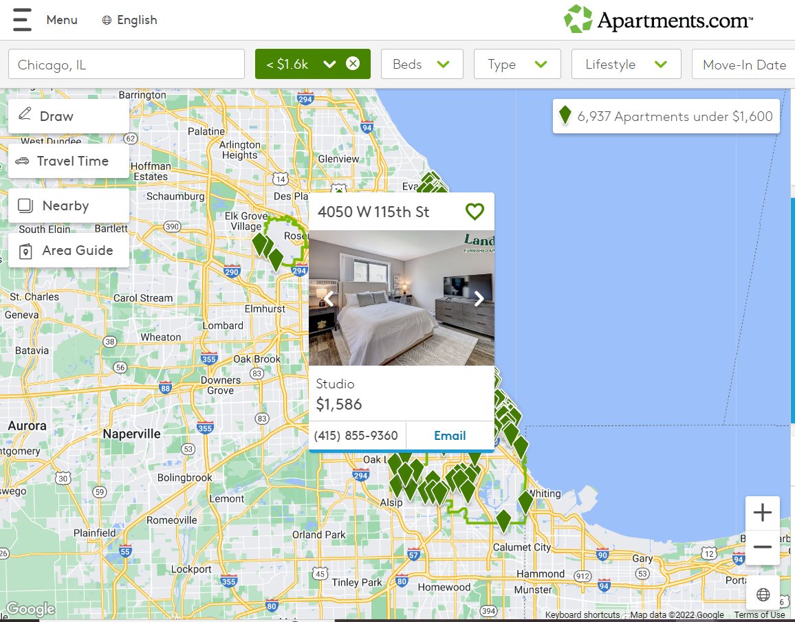 A search for Chicago apartments on apartments.com