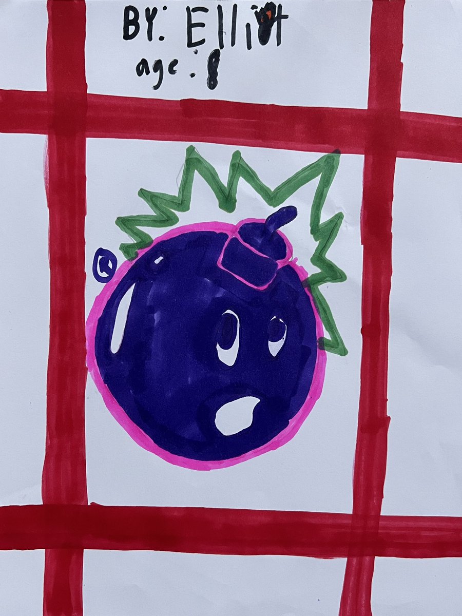 LeadInk_io's tweet photo. Adam Bomb with a ghost glow! - Elliot, age 8. #NFTInktober @NFTInktober @AdamBombSquad https://t.co/jKzjRWlbKf