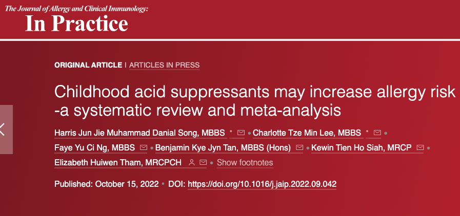 📢🔥SRMA: Childhood acid-suppressant use was associated with a 🔼 hazards incident of 

Asthma 44%
AD 12%
AR 40% 

Risk may be more significant with a younger age at first exposure, particularly the first 2⃣ years of life.
jaci-inpractice.org/article/S2213-…

#GITwitter #paed #allergy