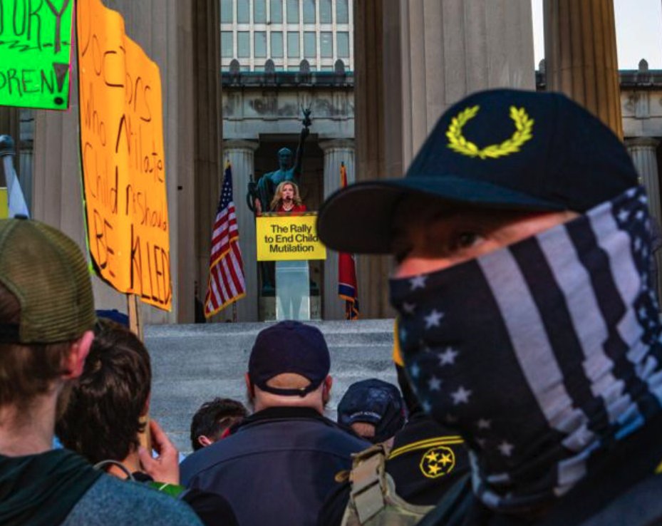 dpatrickrodgers's tweet photo. Proud Boys in the foreground as Marsha Blackburn speaks against transgender health care in downtown Nashville. These are the supporters Tennessee's senior senator attracts.

Photo by @formvscontent. https://t.co/Y4mnuIIf2s
