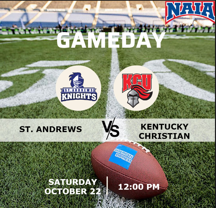NAIA FOOTBALL (@naiafootbal) on Twitter photo ๐จ GAMEDAY๐จ
๐ St. Andrews๐ Kentucky Christian ๐
๐ Saturday, October 22 | โฑ 12:00 PM
๐บ Live On : is.gd/kCag4k
<a href="/StAndrewsFB/">SAU Football</a> <a href="/SAUKnights/">St. Andrews Knights</a> <a href="/CoachChristensn/">Aaron Christensen</a> <a href="/freezysmalls/">Freezy Smalls II</a> <a href="/max_jager05/">Max Friedman</a> @Tristanbrown74 ๐จ GAMEDAY๐จ
๐ St. Andrews๐ Kentucky Christian ๐
๐ Saturday, October 22 | โฑ 12:00 PM
๐บ Live On : is.gd/kCag4k
<a href="/StAndrewsFB/">SAU Football</a> <a href="/SAUKnights/">St. Andrews Knights</a> <a href="/CoachChristensn/">Aaron Christensen</a> <a href="/freezysmalls/">Freezy Smalls II</a> <a href="/max_jager05/">Max Friedman</a> @Tristanbrown74
