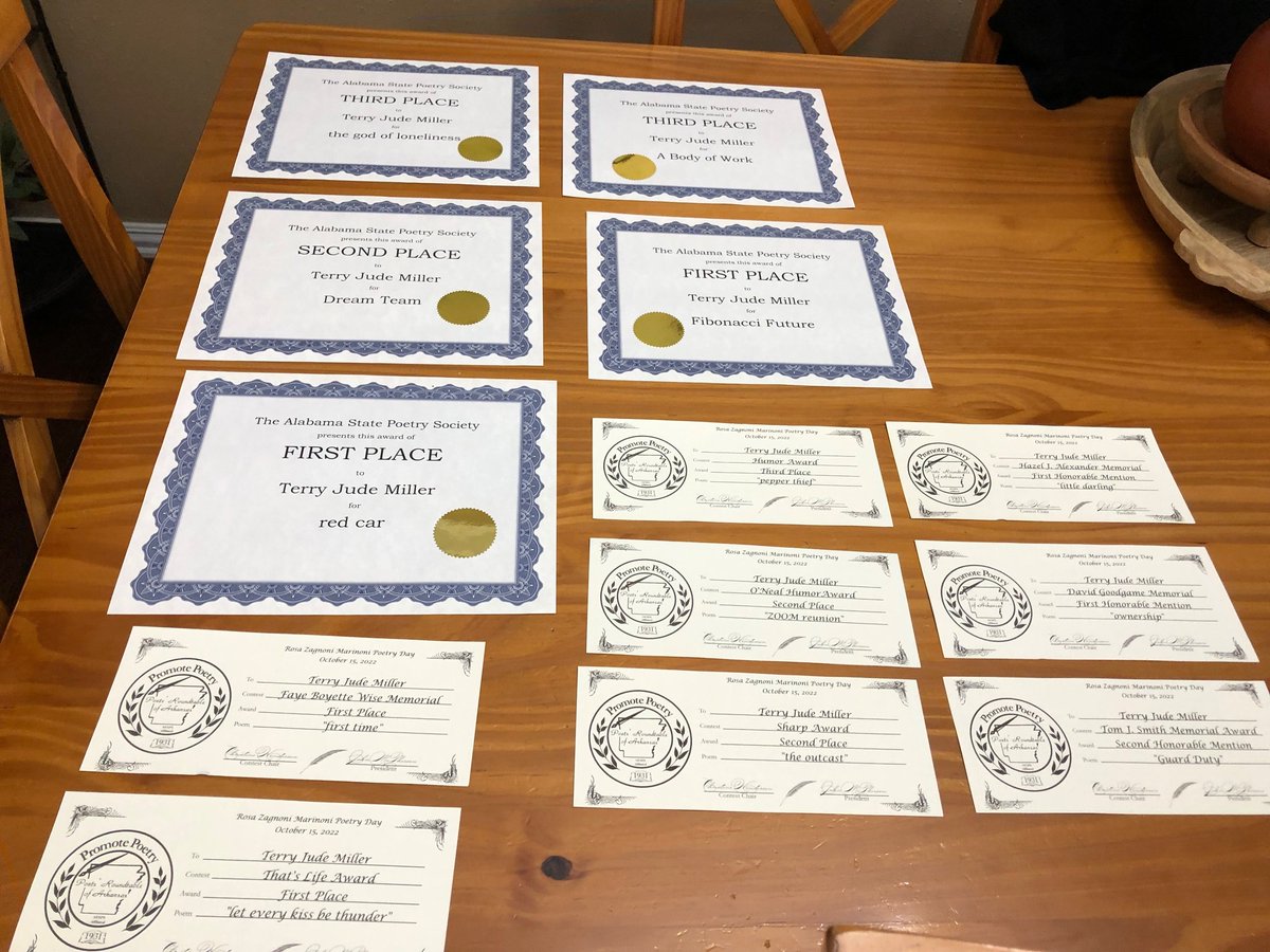 In the mail today, 2 first place, 1 second place, and 2 third place awards in the Alabama State Poetry Society competition, and 2 first place, 2 second place, 1 third place, and 3 honorable mentions in the Poets’ Roundtable of Arkansas competition. Thanks to these organizations.