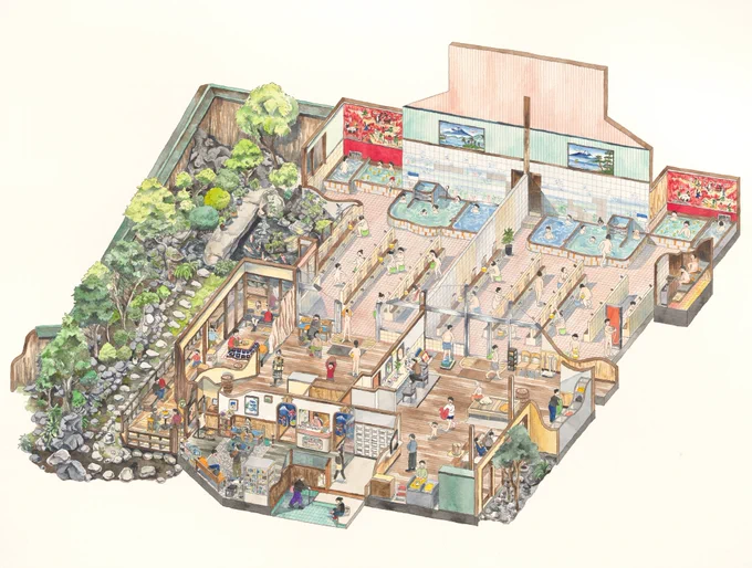 図解、動かせないかなあ。例えばこの絵なら、開店直後のワイワイした雰囲気から、夜のしんみりした空気まで人や光や小物を動かせたら超面白いと思うんだぁ…。アニメーション、クリスタならできるかしら。しかし建物だけで1ヶ月かかるから、人もとなると3ヶ月はかかるかねえ… 