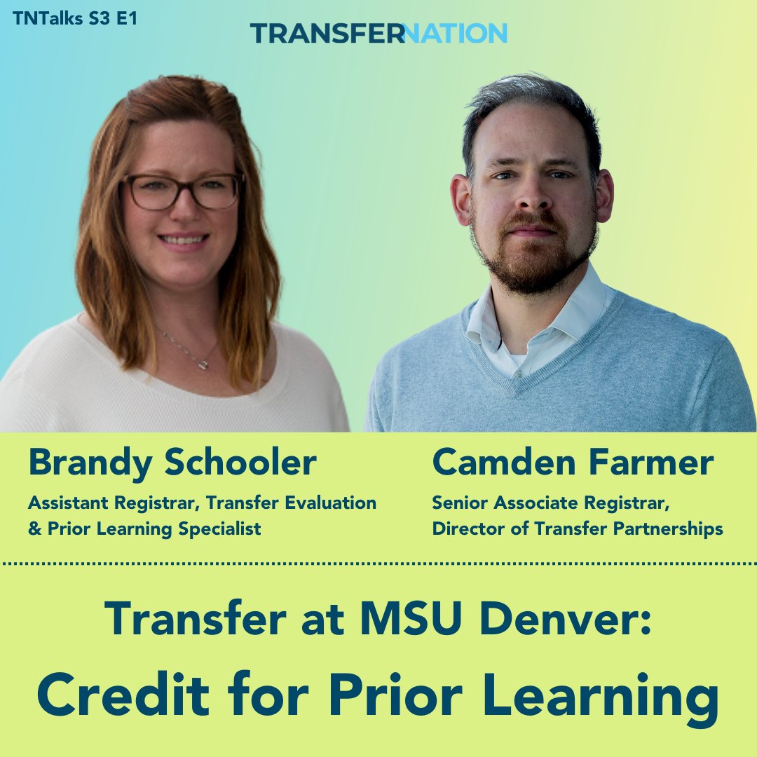 More exciting news during #TransferStudentWeek: Transfer Nation Talks is back!! Tune in to the first episode of Season 3 now to hear from @msudenver #transferchampions Brandy Schooler and Camden Farmer! 🤩