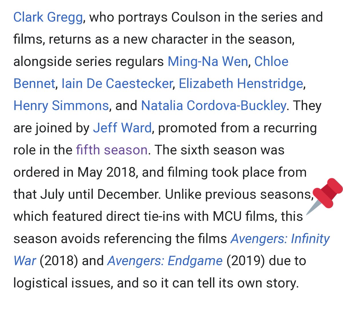 StertianCompany's tweet photo. @mmmmmmmmiller @ChunkySoup34 All it takes is ONE season without a direct tie-in to remove #AgentsOfSHIELD from canon for you?
Considering major tie-ins of The Winter Solider, Civil War, Age of Ultron (#ThetaProtocol), Infinity War, and the *scheduling* of MCU film references, in tandem with their releases. https://t.co/nkByac2SN2