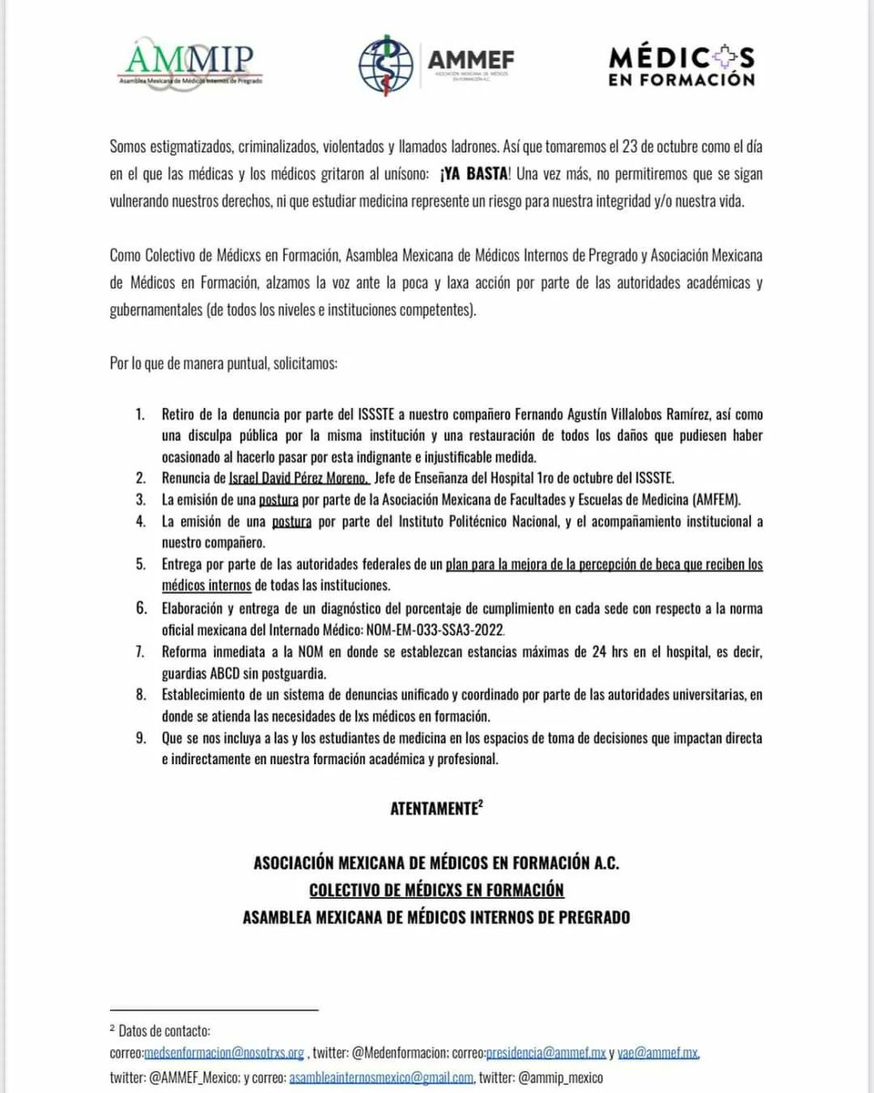 CONVOCAMOS A UN PARO TOTAL DE ACTIVIDADES A LAS Y LOS MÉDICOS INTERNOS DE PREGRADO DE MÉXICO, ESTE DOMINGO 23 DE OCTUBRE:

"DÍA DEL MÉDICO Y LA MÉDICA"

!Porque no tenemos motivo alguno para festejar!

🚨Favor de difundir🚨