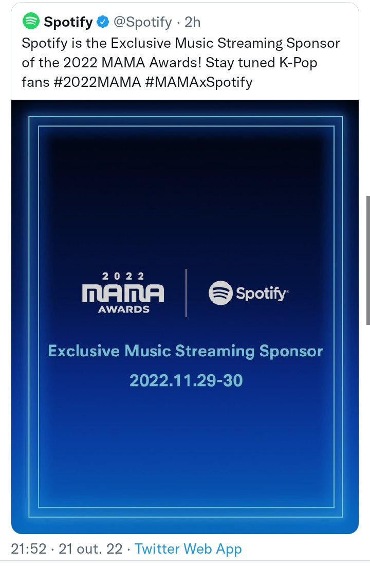 Jornalbangtanbr's tweet photo. 📰 • Spotify confirmou que é patrocinador doMAMA 2022!
ARMY, vamos aumentar os streams do Proof e Yet To Come!! 💪🏻💜
💜 Fighting Army✨💜😎
@bts_twt #BTS #BTSARMY #btsonspotify #btsmama2022 #armyfighting
💫 ©️ • BTS _ Guatemala https://t.co/zT30STrymZ