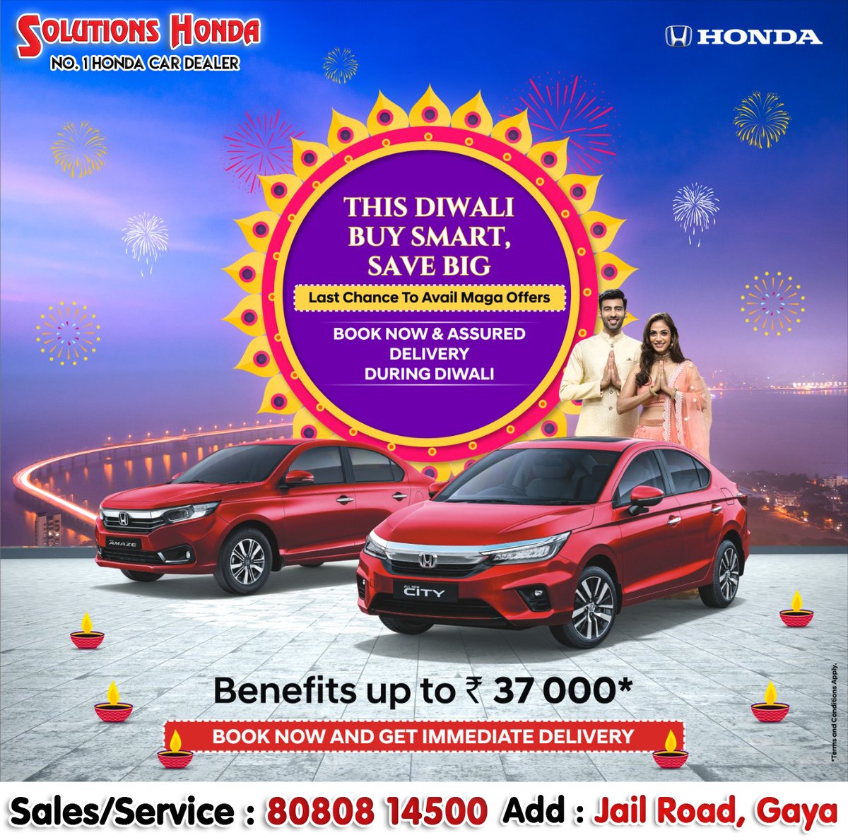 SolutionsHonda's tweet photo. Celebrate #DIWALI WITH #SolutionsHonda 
Mega Diwali Carnival exclusive #benefits of up to Rs.37,000 on selected cars. 

To know more, visit the showroom or 
Call : 8080814500
Add : Jail Road, Gaya

#HondaCarsIndia #Honda #BestOffers #Offers #Diwali #Dhanteras https://t.co/R99zPhXTVf