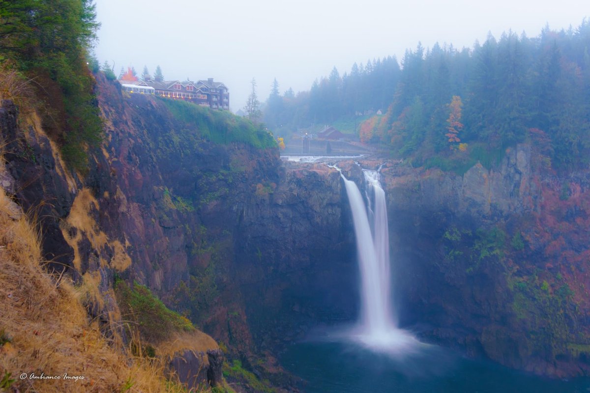 An iconic WA State photo with misty autumn color at Snoqualmie Falls.