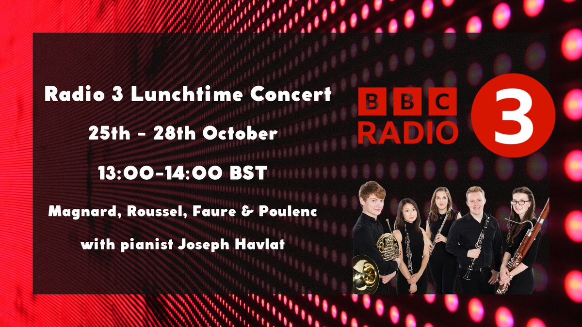 magnardensemble's tweet photo. Tune into @BBCRadio3 every lunchtime Tue-Fri to hear our concert from @DartingtonArts Summer Music Festival! We can't wait to revisit the funnest concert of our 10 years together ❤️ Joined by the awesome Joseph Havlat on #piano #WindQuintet #ClassicalMusic @BBCSounds https://t.co/fGykQ9l0Jd