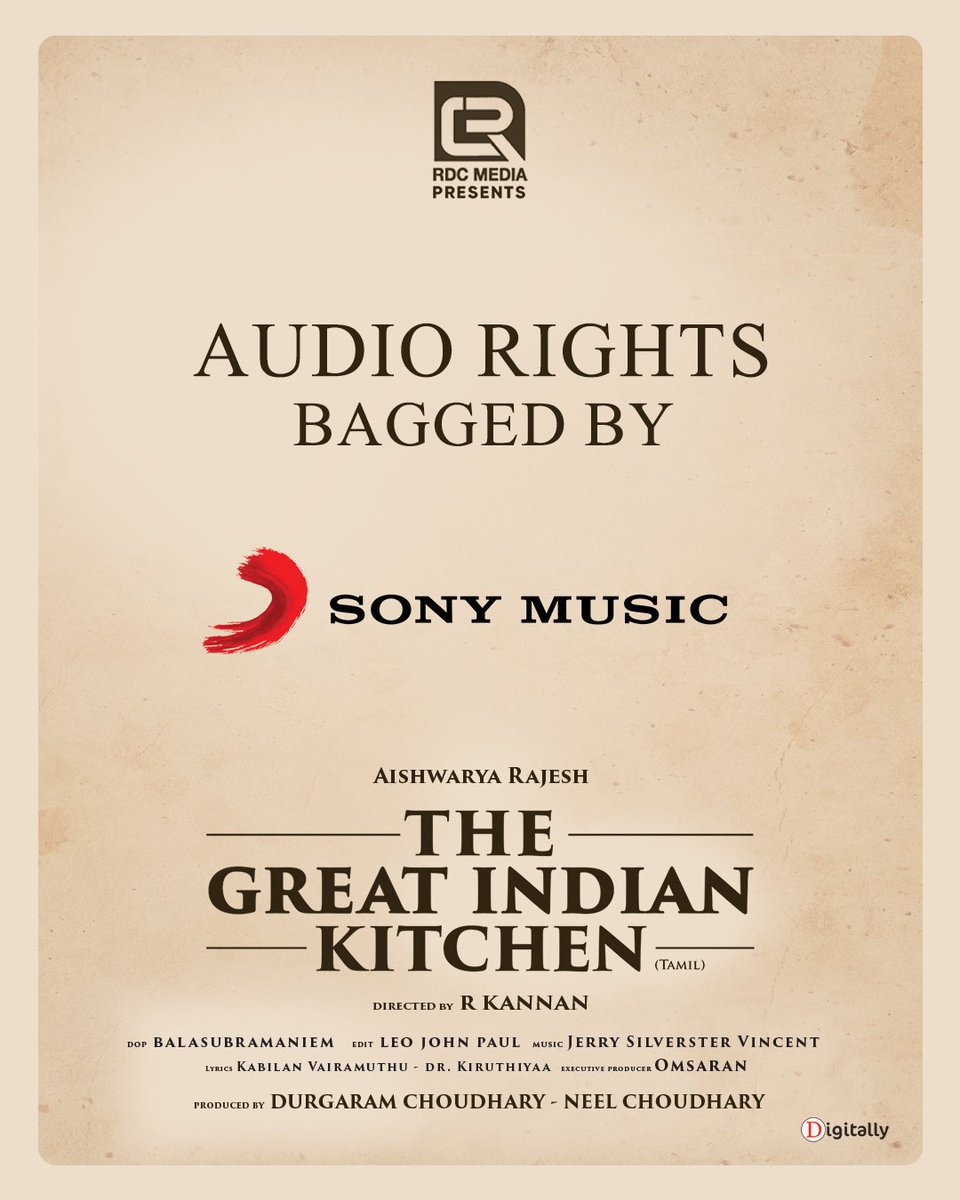 #TheGreatIndianKitchen (Tamil) Audio Rights bagged by @SonyMusicSouth 🎶 Trailer From #Diwali 🥳🎉 Directed by @Dir_kannanR Produced by Durgaram Choudhary, Neel Choudhary @RDCMediaPvtLtd @aishu_dil @23_rahulr @balasubramaniem @jerrysvincent @leojohnpaultw @johnsoncinepro