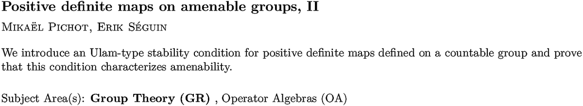 arxiv.org/abs/2210.10823…
M Pichot, E Séguin
Positive definite maps on amenable groups, II