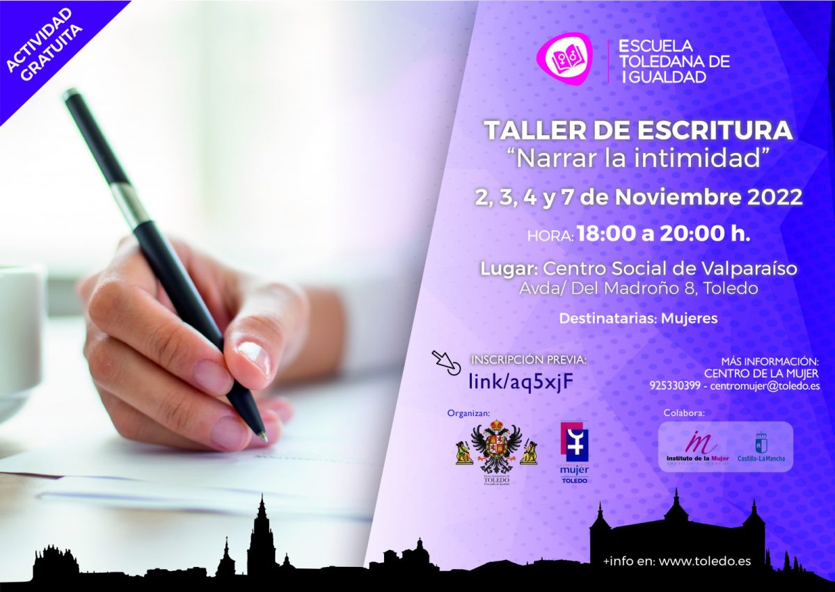 La actividad gratuita de la #EscuelaToledanaDeIgualdad del <a href="/toledoayto/">Ayuntamiento de Toledo</a> no para¡¡
Ahora os proponemos el TALLER DE ESCRITURA "NARRAR LA INTIMIDAD"
📆2, 3 4 y 7 noviembre
🕜 18h a 20h
🏛 Centro Social Valparaíso 
+info e inscripciones en toledo.es/escuela-toleda…
