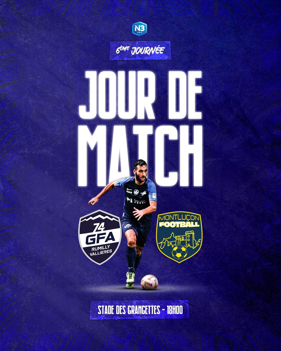 🔥 | 𝐉𝐎𝐔𝐑 𝐃𝐄 𝐌𝐀𝐓𝐂𝐇
🏆 | National 3 - Journée 6
⚔️ | Montlucon Football Officiel
⌚️ | Samedi 22 octobre - 18h
📍 | Stade des Grangettes - Rumilly
📱 | Live match en story